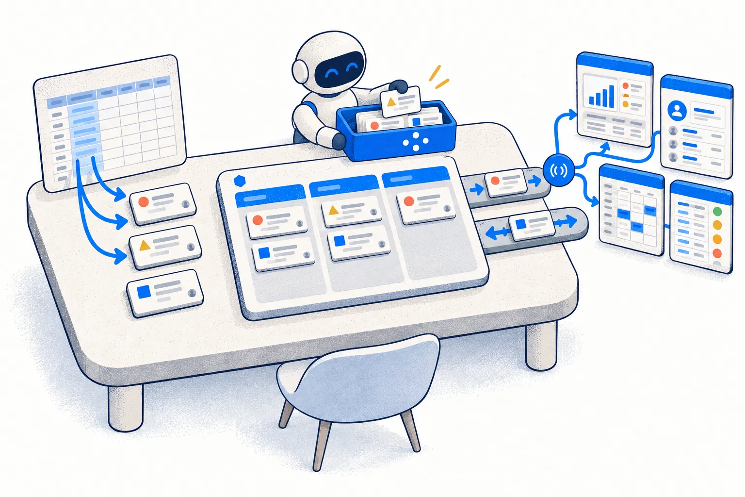 The PM Engine desk: cards are created from an Excel sheet, an AI assistant works on cards, and events reach external systems