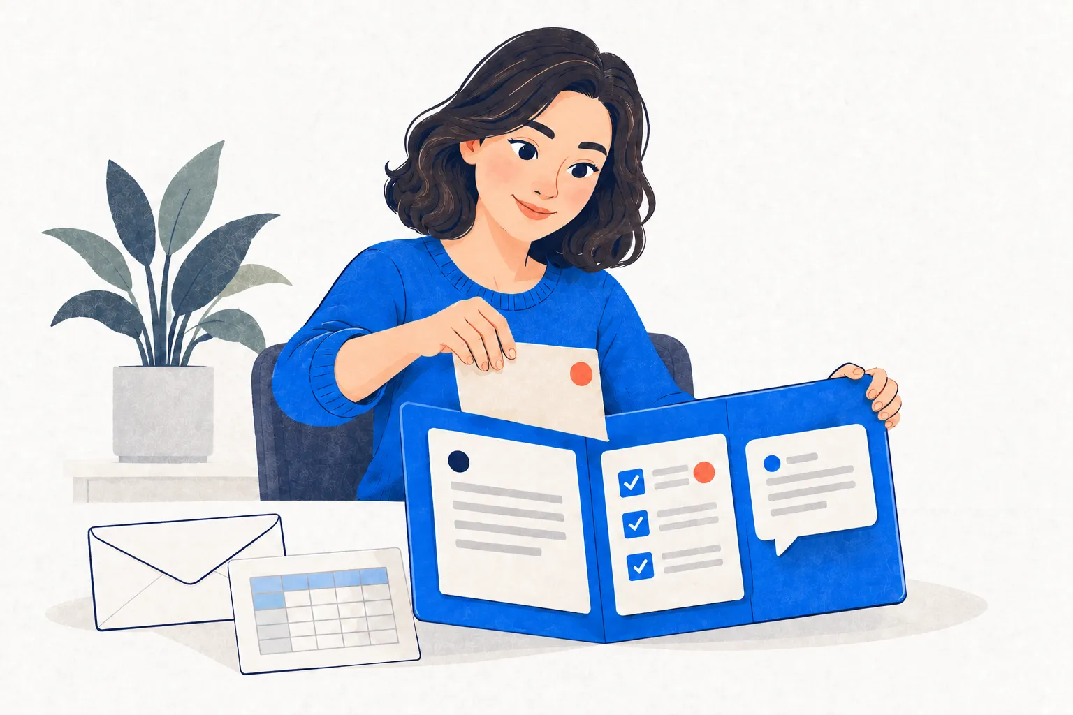 A colleague sorts tasks into a folder while emails and a spreadsheet are set aside