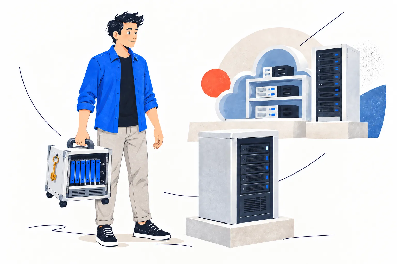 A portable server with a key, moving between a workstation, the cloud and a server room
